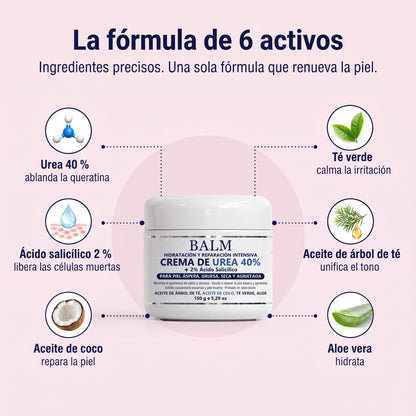 La fórmula de 6 activos: urea 40 %, ácido salicílico 2 %, aceite de coco, té verde, árbol de té, aloe vera