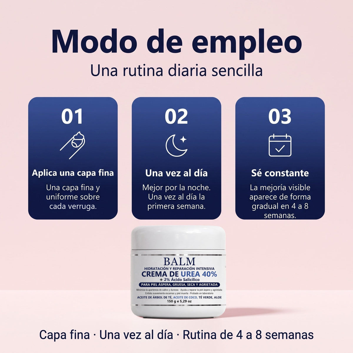 Modo de empleo: capa fina, una vez al día, constancia de 4 a 8 semanas
