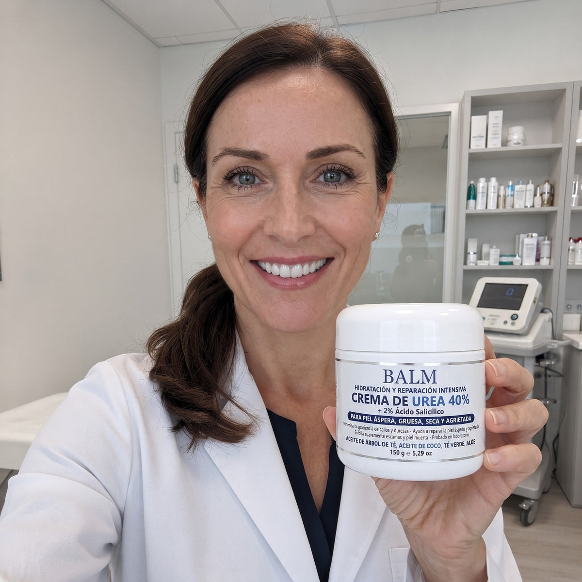 Dermatóloga con el tarro BALM