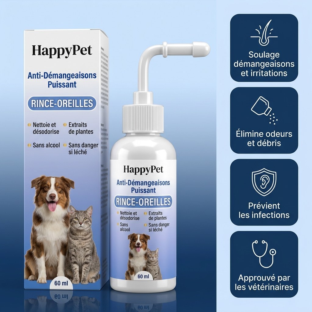Rince-oreilles HappyPet - flacon et boite