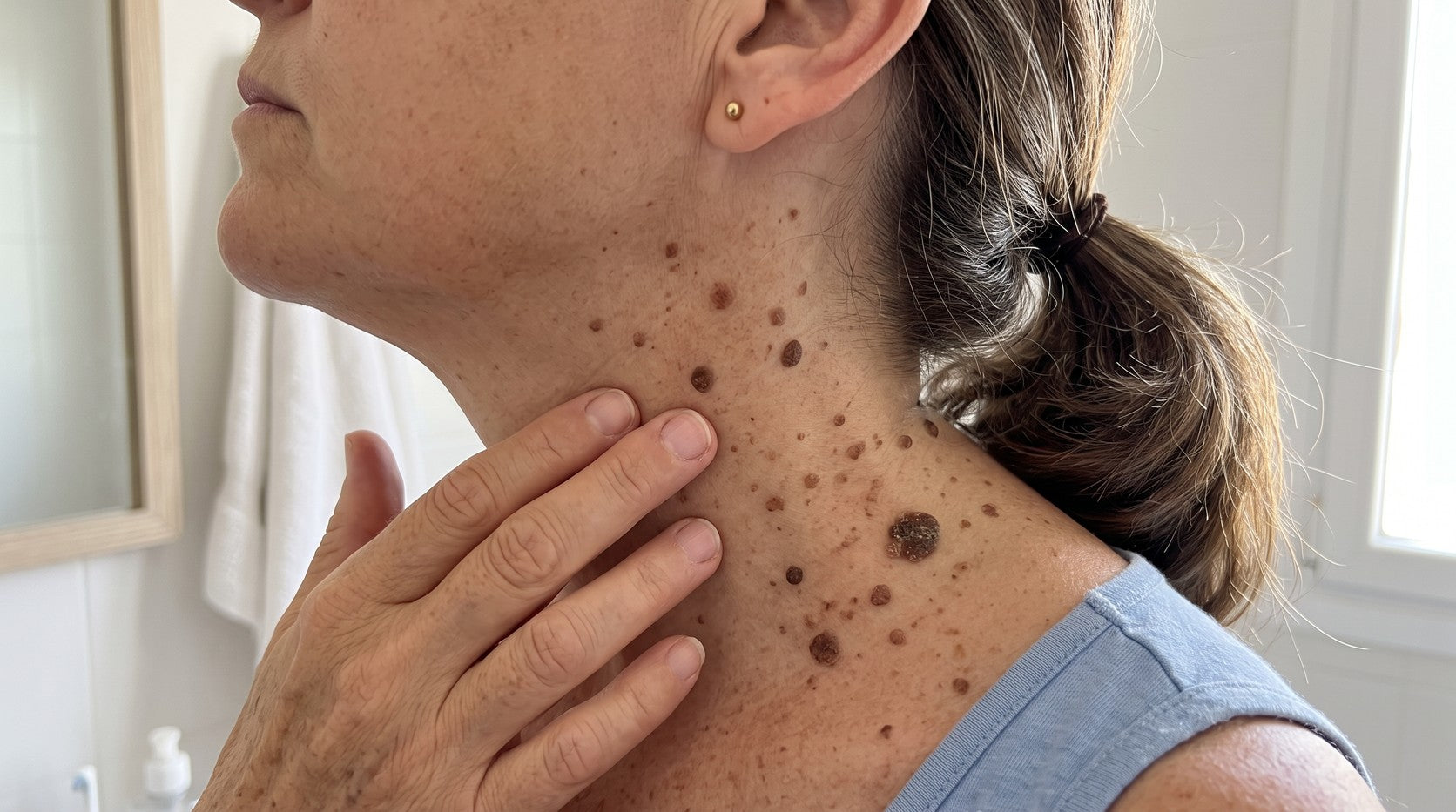 Mujer examinándose la piel del cuello